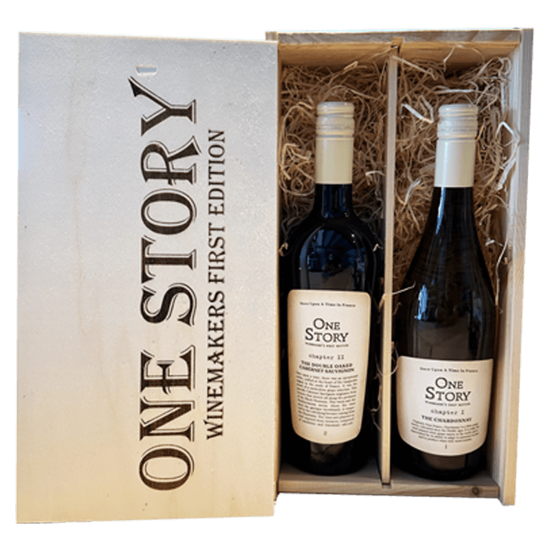 One Story Chardonnay en Cabernet Sauvignon in houten kist